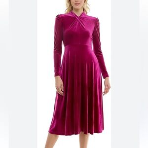 Maison Tara Velvet Long Sleeve Dress in Deep Pink
